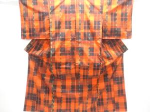 未使用品　格子に絣柄織出し手織り紬着物